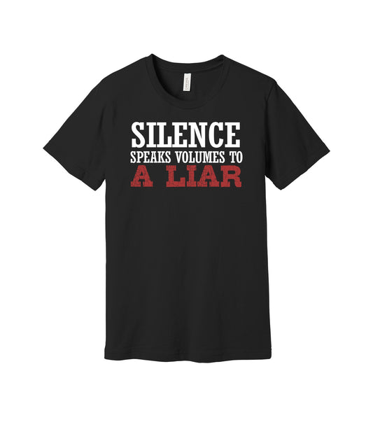 Silence Speaks Volumes graphic on a black Bella+Canvas 3001 tee