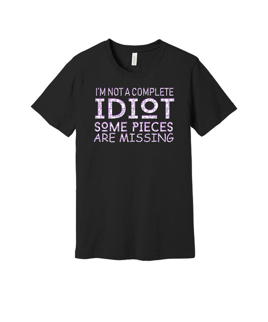 Some Pieces Are Missing graphic on a black Bella+Canvas 3001 tee