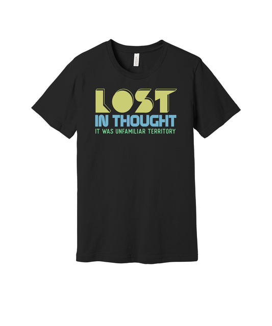 Lost in Thought graphic on a black Bella+Canvas 3001 tee