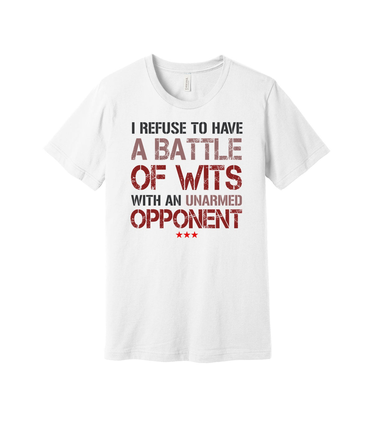 Battle of Wits graphic on a white Bella+Canvas 3001 tee
