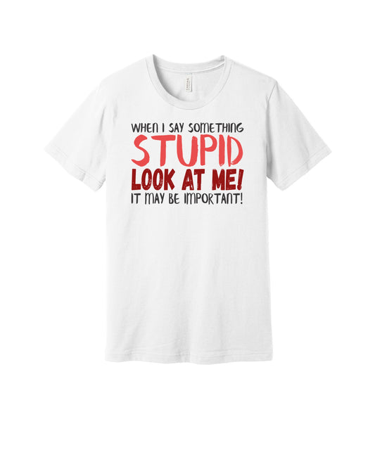 When I Say Something Stupid graphic on a white Bella+Canvas 3001 tee
