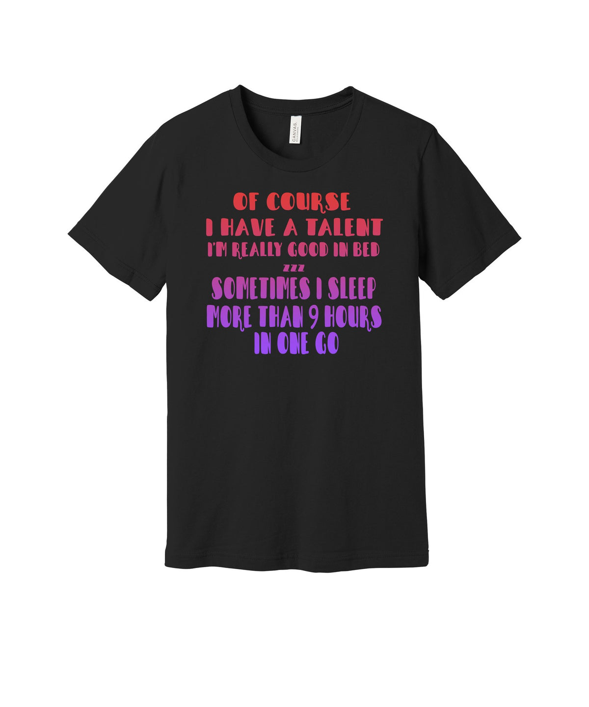 Good in Bed at Sleeping graphic on a black Bella+Canvas 3001 tee