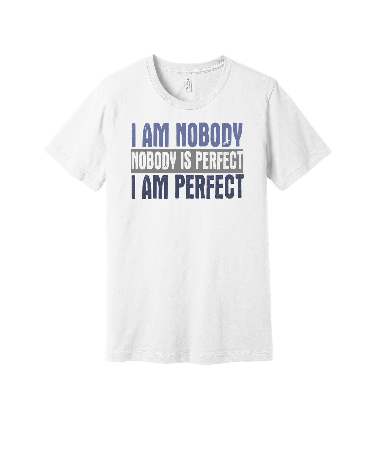 Nobody Is Perfect graphic on a white Bella+Canvas 3001 tee