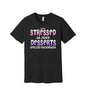 Stressed Is Desserts Backwards graphic on a black Bella+Canvas 3001 tee