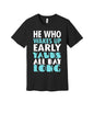 Wake Up Early Yawn All Day graphic on a black Bella+Canvas 3001 tee