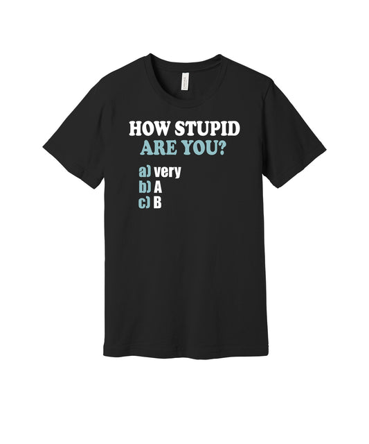 How Stupid Are You graphic on a black Bella+Canvas 3001 tee