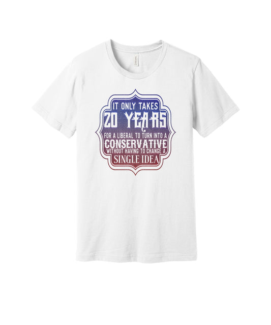 Twenty Years of Politics graphic on a white Bella+Canvas 3001 tee