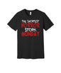 Shortest Horror Story Monday graphic on a black Bella+Canvas 3001 tee