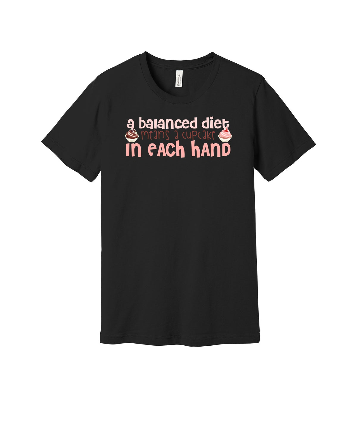 Balanced Diet Cupcakes graphic on a black Bella+Canvas 3001 tee