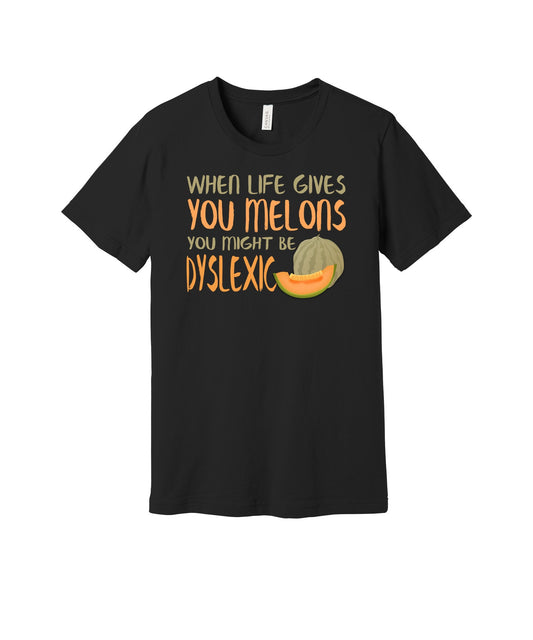 When Life Gives You Melons graphic on a black Bella+Canvas 3001 tee