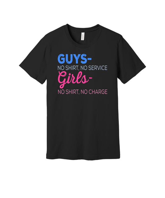 No Shirt No Service graphic on a black Bella+Canvas 3001 tee