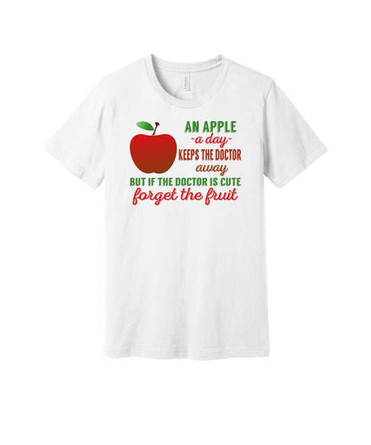 An Apple a Day graphic on a white Bella+Canvas 3001 tee