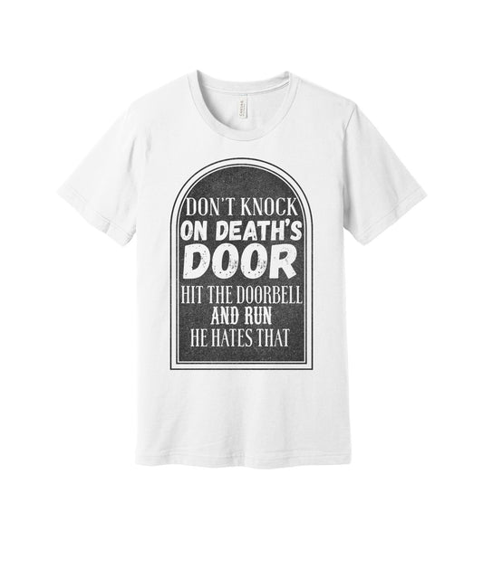 Death's Doorbell graphic on a white Bella+Canvas 3001 tee