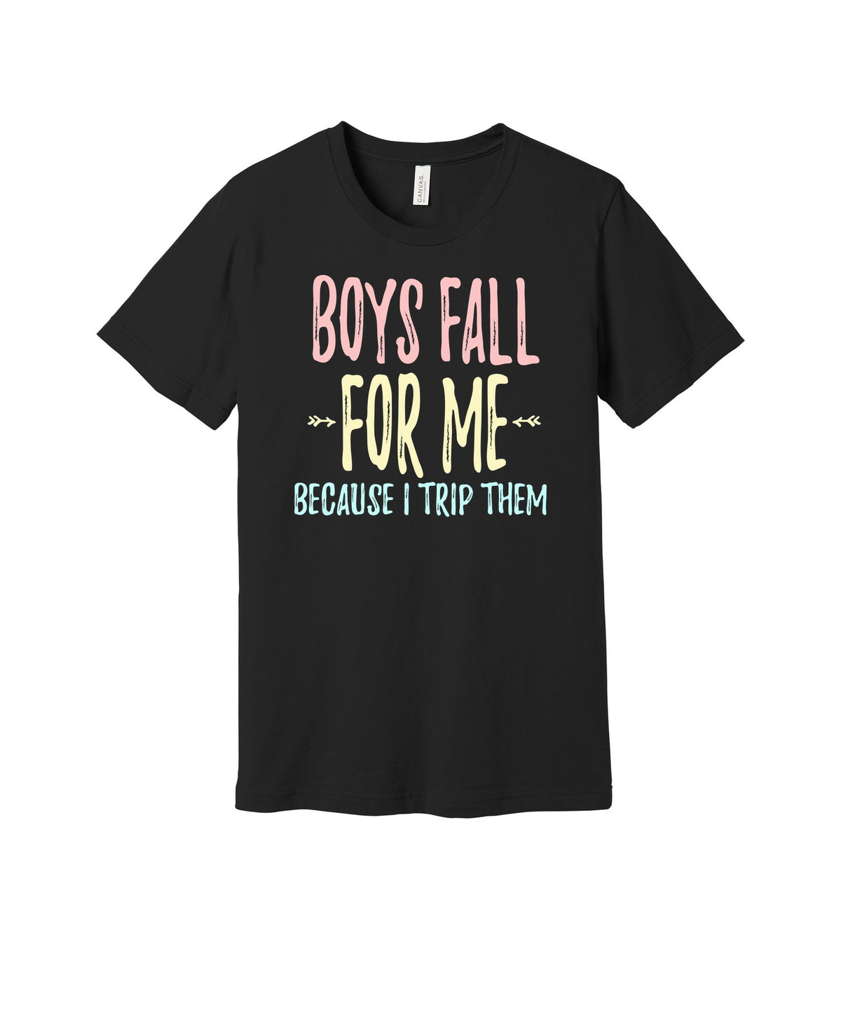 Boys Fall for Me graphic on a black Bella+Canvas 3001 tee