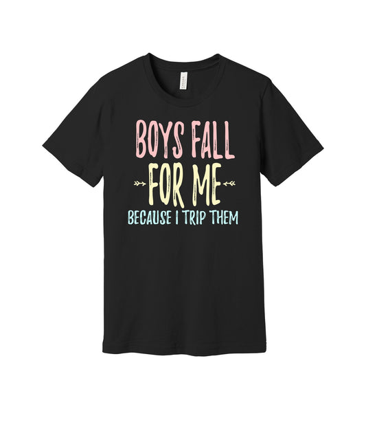 Boys Fall for Me graphic on a black Bella+Canvas 3001 tee