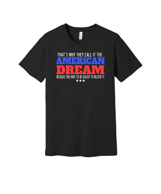 The American Dream graphic on a black Bella+Canvas 3001 tee