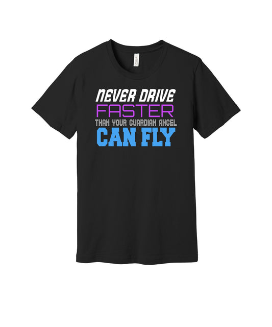 Guardian Angel Speed Limit graphic on a black Bella+Canvas 3001 tee