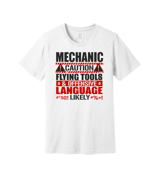 Mechanic Flying Tools graphic on a white Bella+Canvas 3001 tee