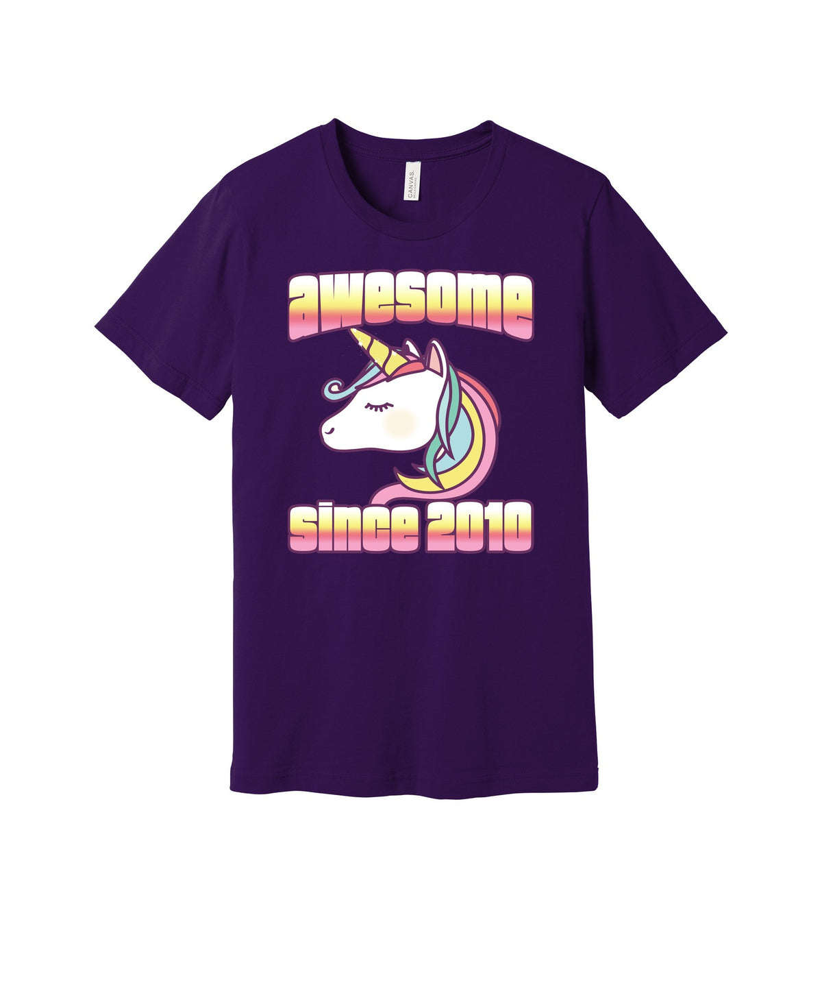 Awesome Since 2010 Unicorn graphic on a team purple Bella+Canvas 3001 tee
