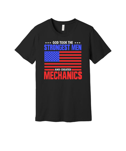 God Created Mechanics graphic on a black Bella+Canvas 3001 tee