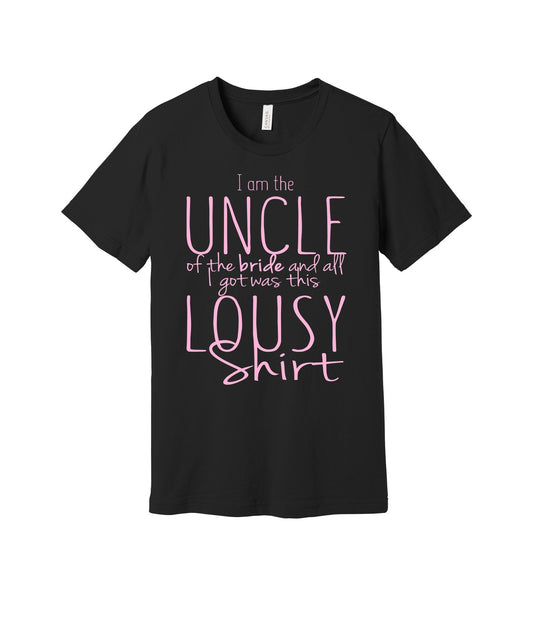 Uncle of the Bride graphic on a black Bella+Canvas 3001 tee