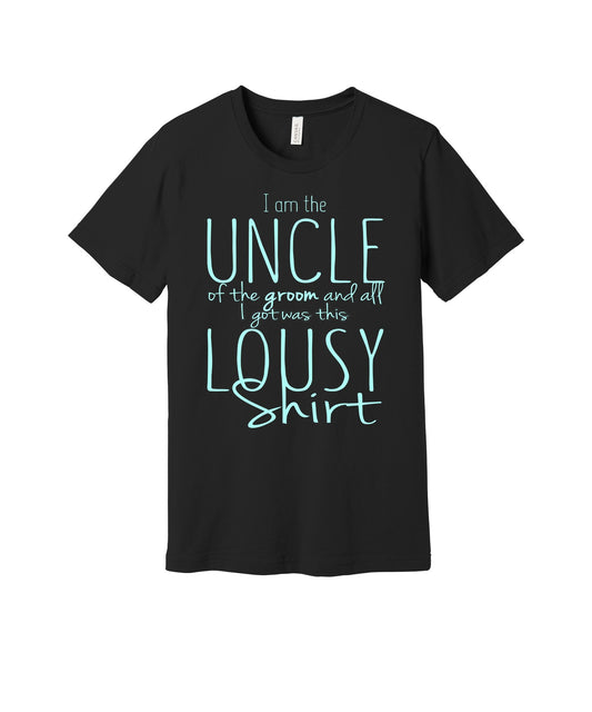 Uncle of the Groom graphic on a black Bella+Canvas 3001 tee