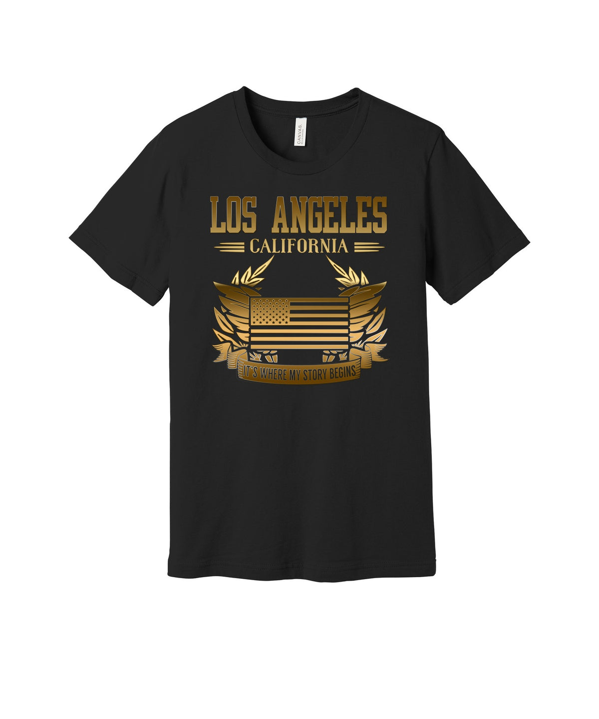 Los Angeles Where My Story Begins graphic on a black Bella+Canvas 3001 tee