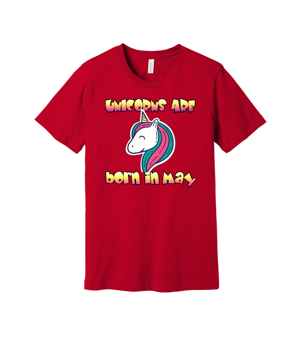 Unicorns Born in May graphic on a red Bella+Canvas 3001 tee