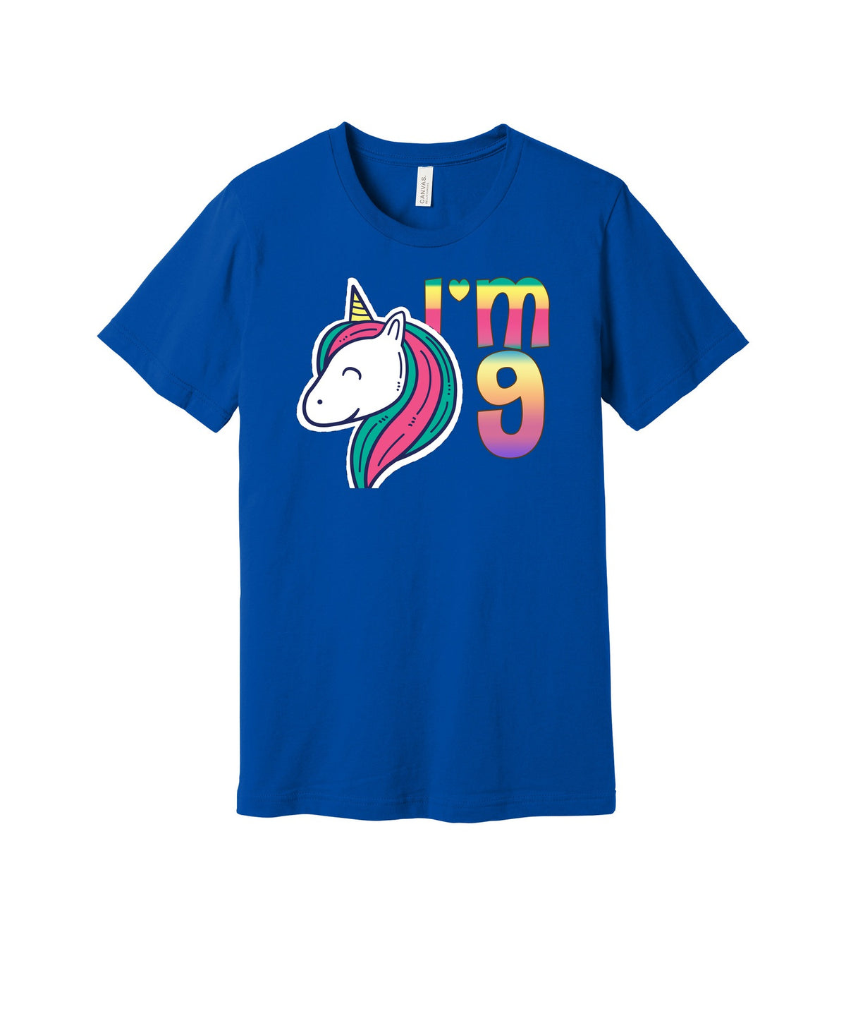 I'm Nine Unicorn graphic on a true royal Bella+Canvas 3001 tee