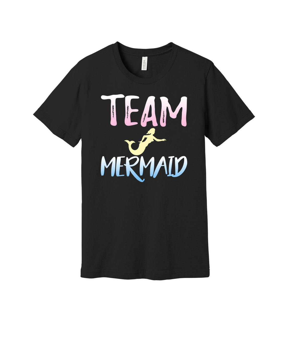 Team Mermaid graphic on a black Bella+Canvas 3001 tee
