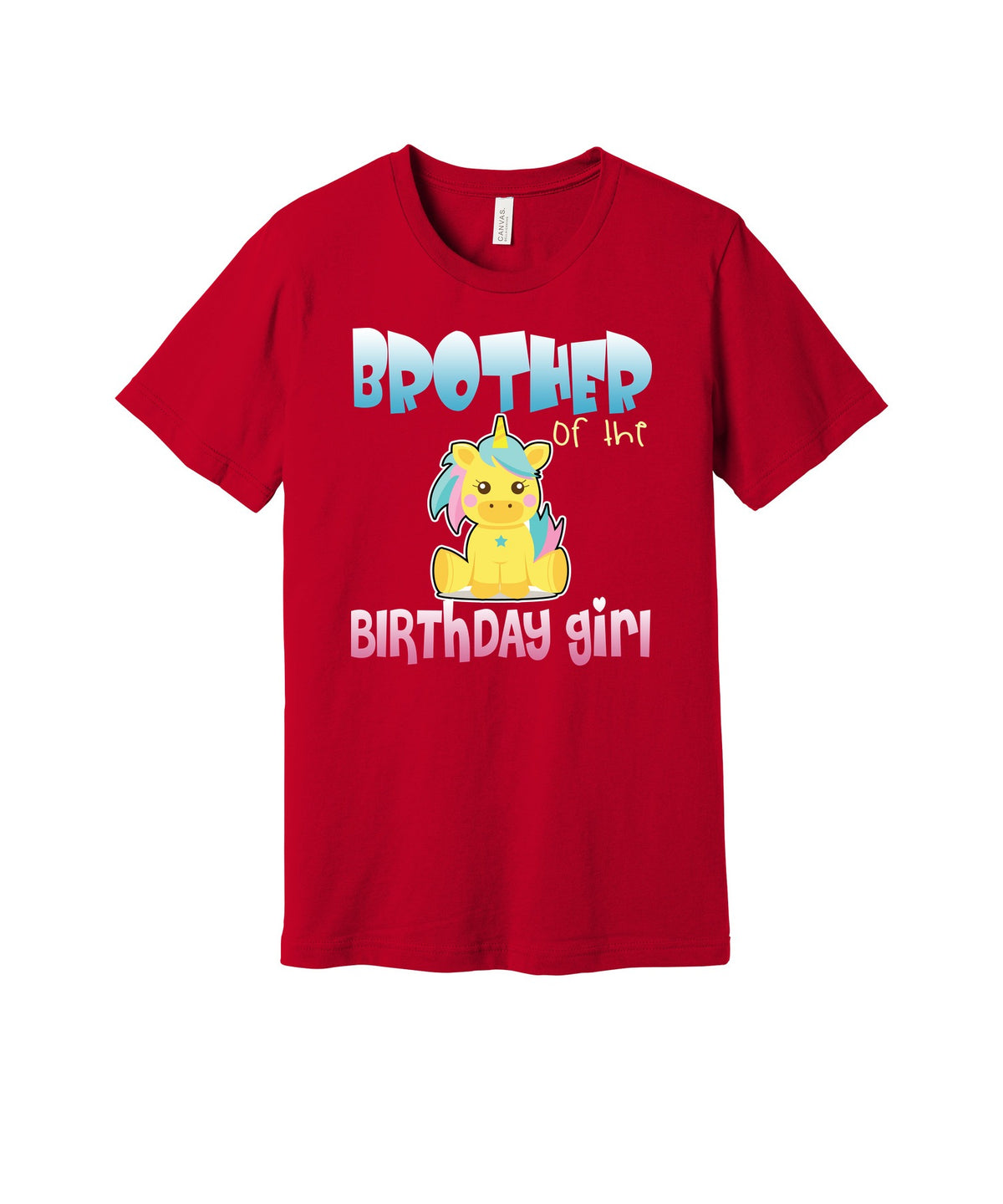 Brother of the Birthday Girl graphic on a red Bella+Canvas 3001 tee