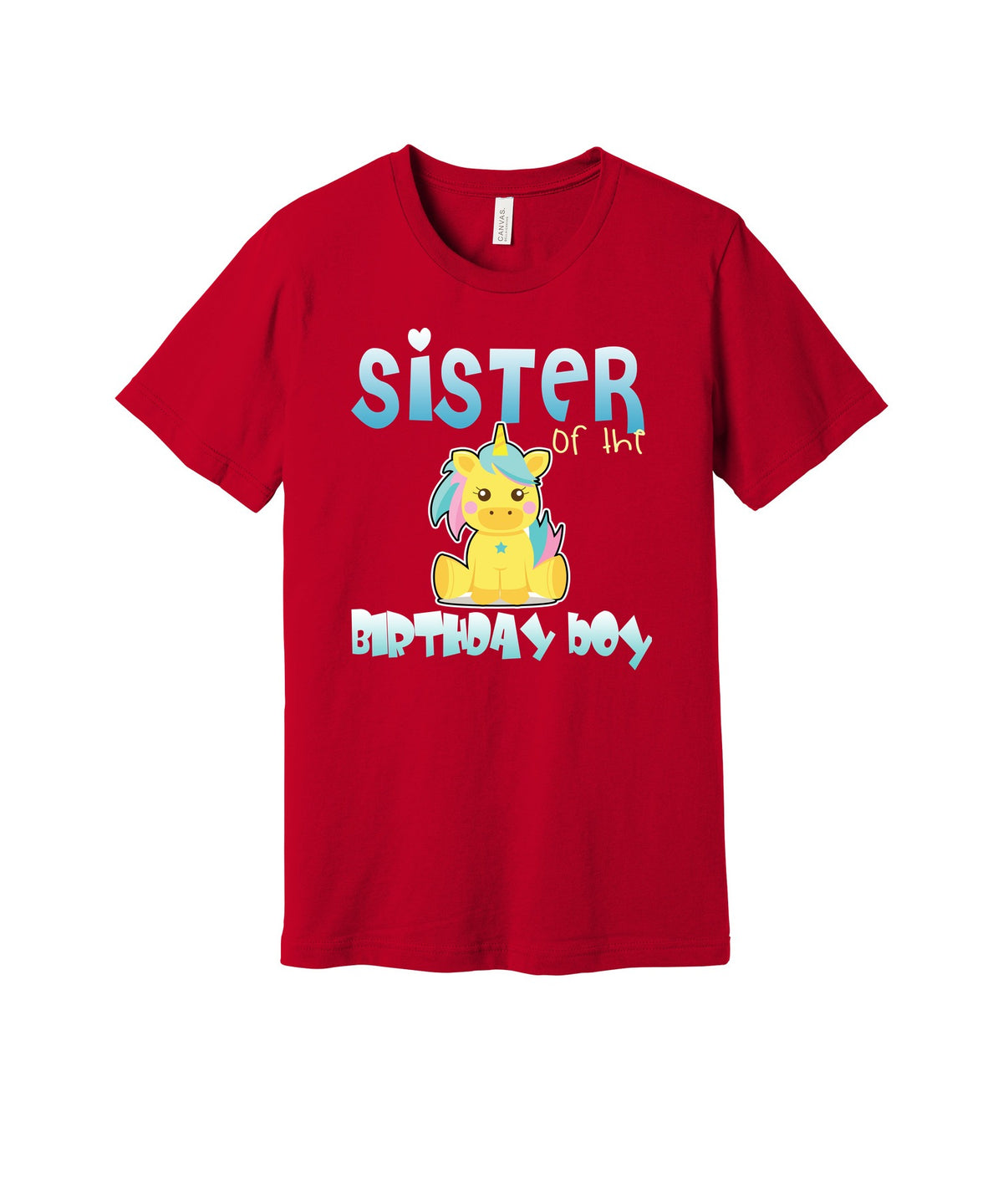 Sister of the Birthday Boy graphic on a red Bella+Canvas 3001 tee
