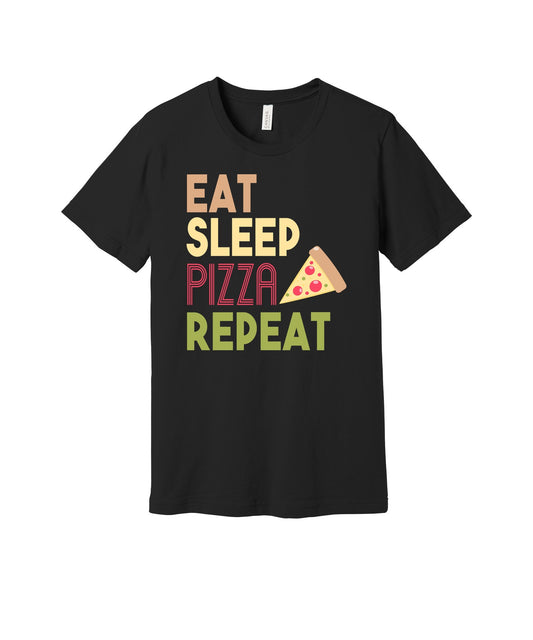 Eat Sleep Pizza Repeat graphic on a black Bella+Canvas 3001 tee