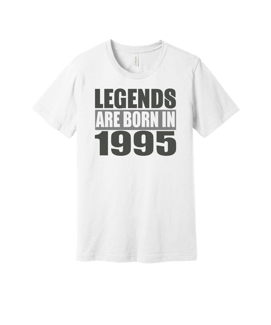 Legends Born in 1995 graphic on a white Bella+Canvas 3001 tee
