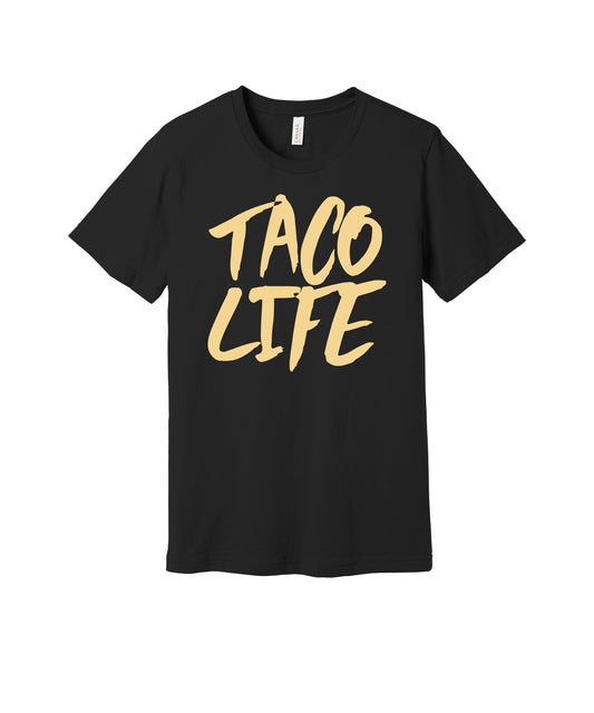 Taco Life graphic on a black Bella+Canvas 3001 tee