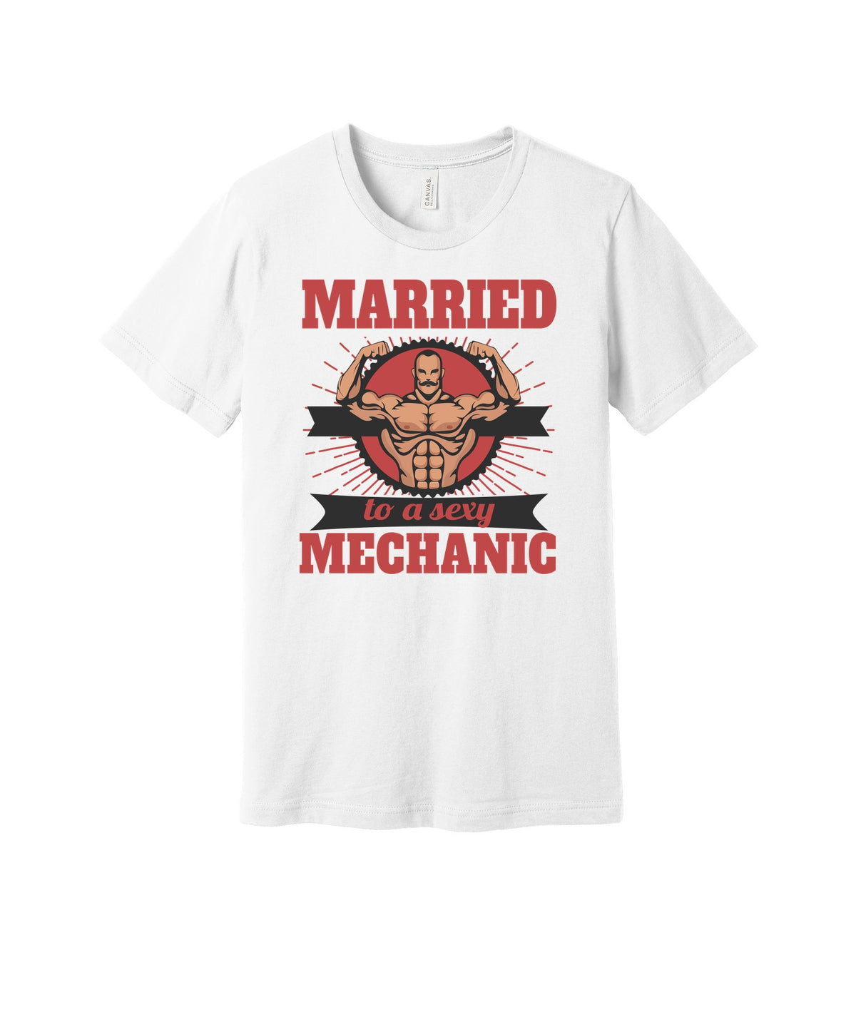 Married to a Mechanic graphic on a white Bella+Canvas 3001 tee