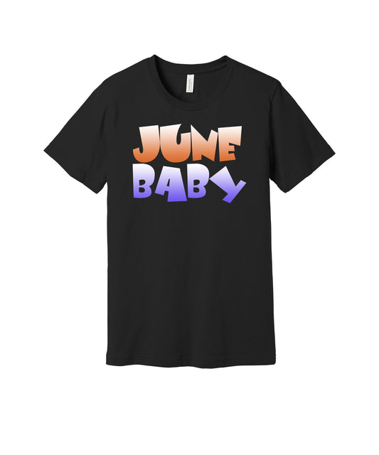 June Baby graphic on a black Bella+Canvas 3001 tee