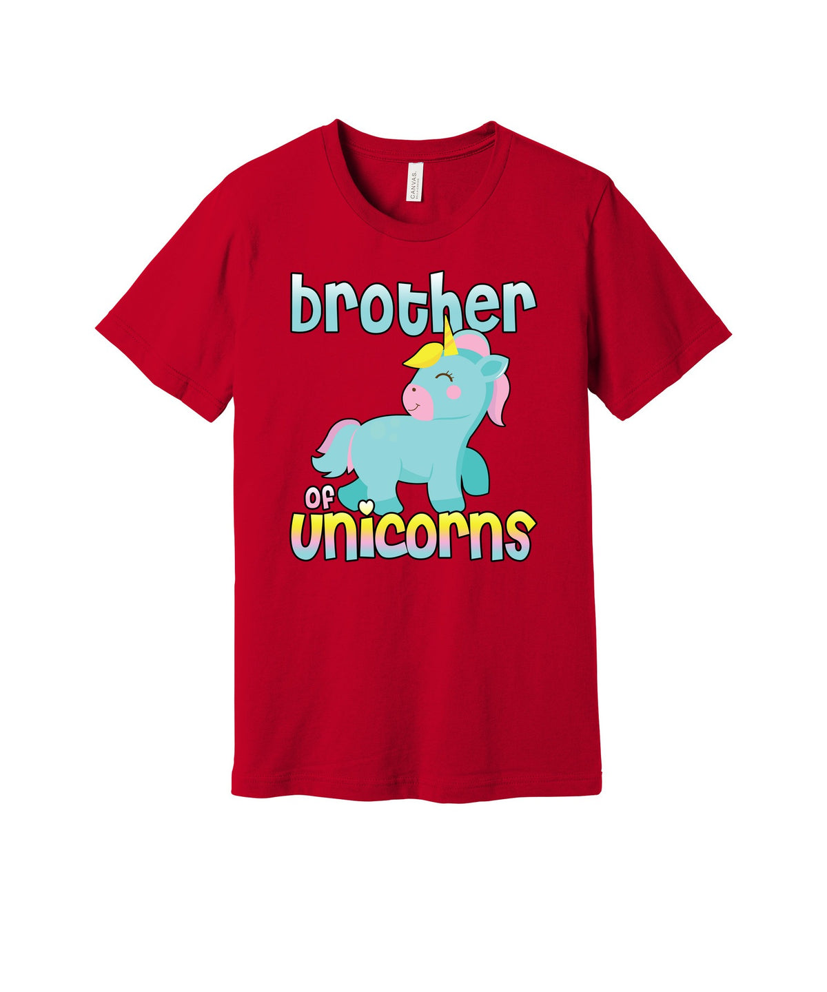 Brother of Unicorns graphic on a red Bella+Canvas 3001 tee
