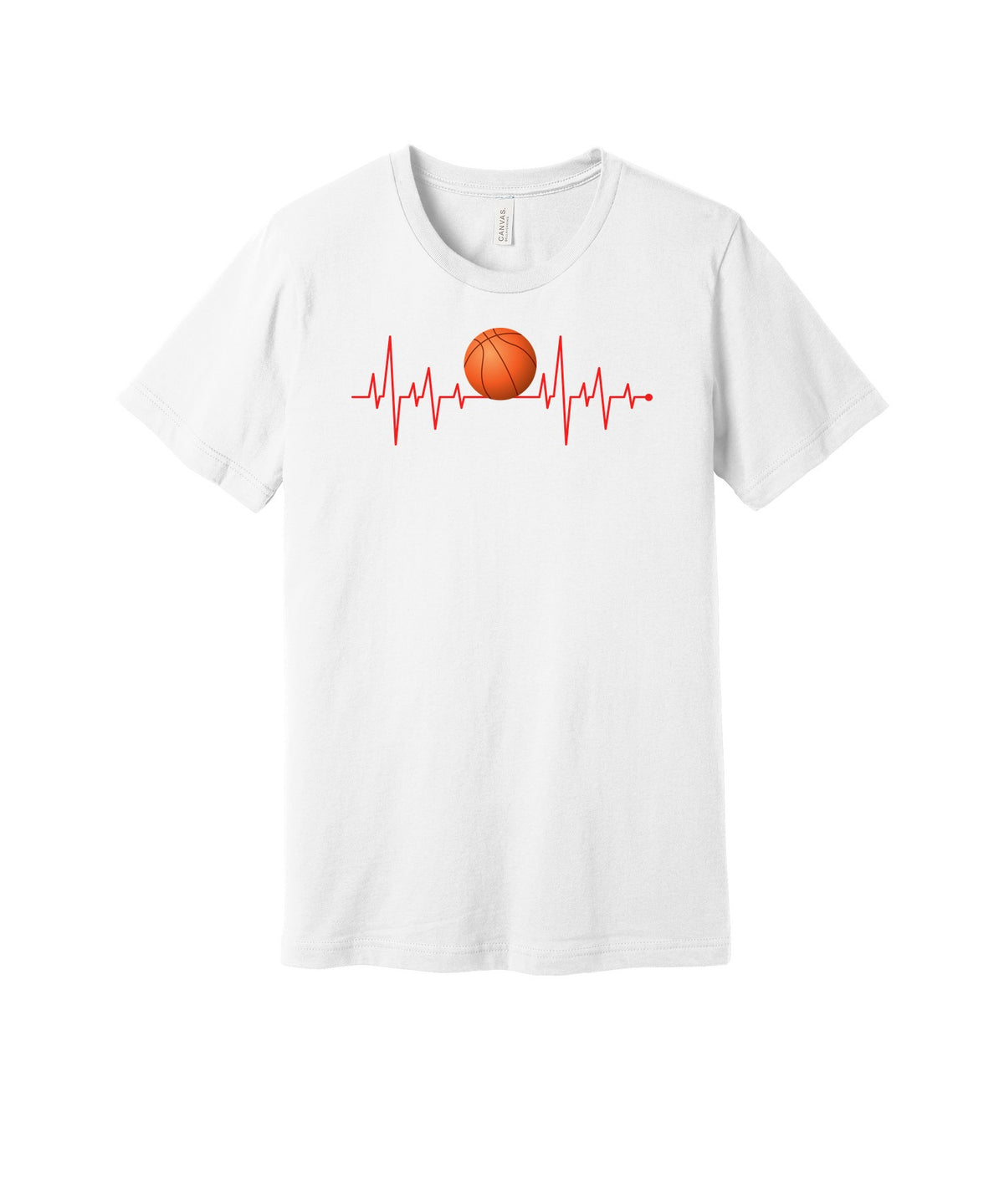 Basketball Heartbeat graphic on a white Bella+Canvas 3001 tee