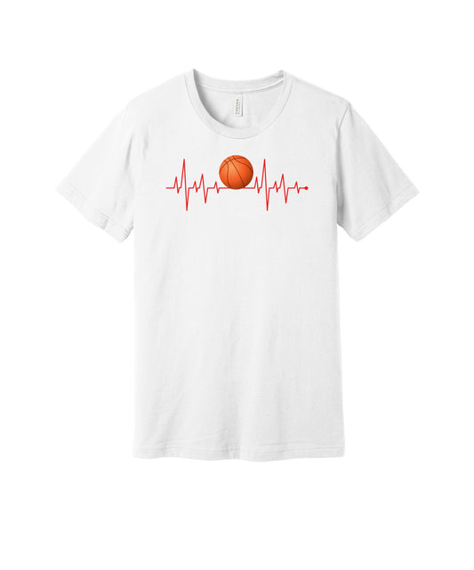 Basketball Heartbeat graphic on a white Bella+Canvas 3001 tee