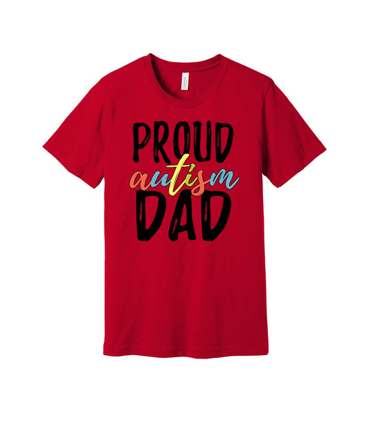 Proud Autism Dad graphic on a red Bella+Canvas 3001 tee