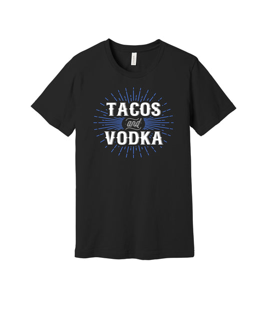 Tacos and Vodka Blue Rays graphic on a black Bella+Canvas 3001 tee