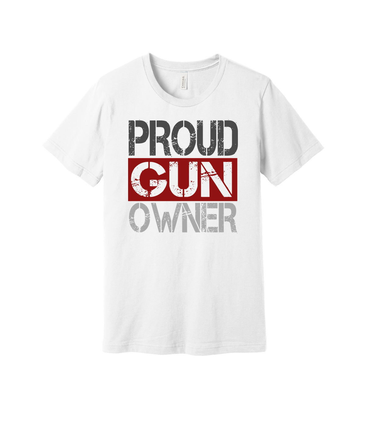 Proud Gun Owner graphic on a white Bella+Canvas 3001 tee