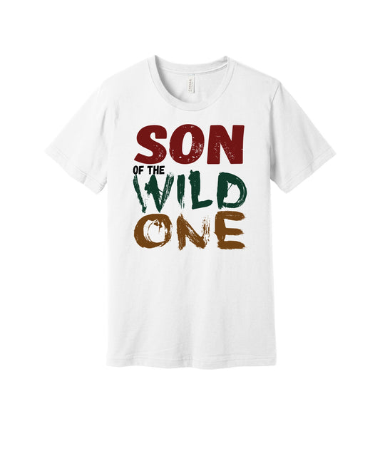 Son of the Wild One graphic on a white Bella+Canvas 3001 tee