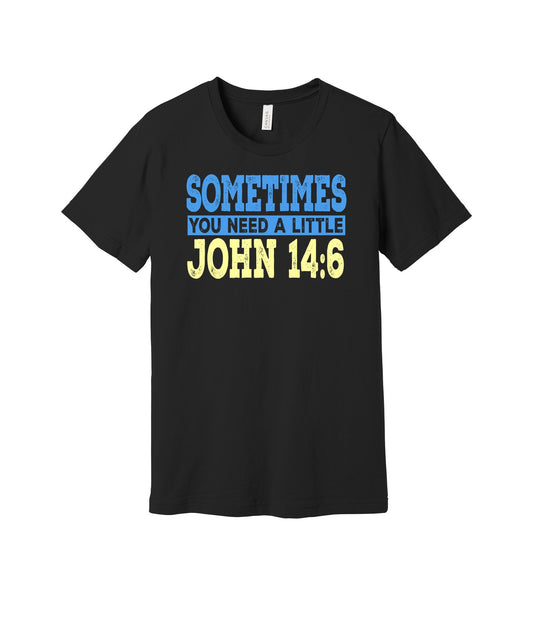 John 14:6 graphic on a black Bella+Canvas 3001 tee