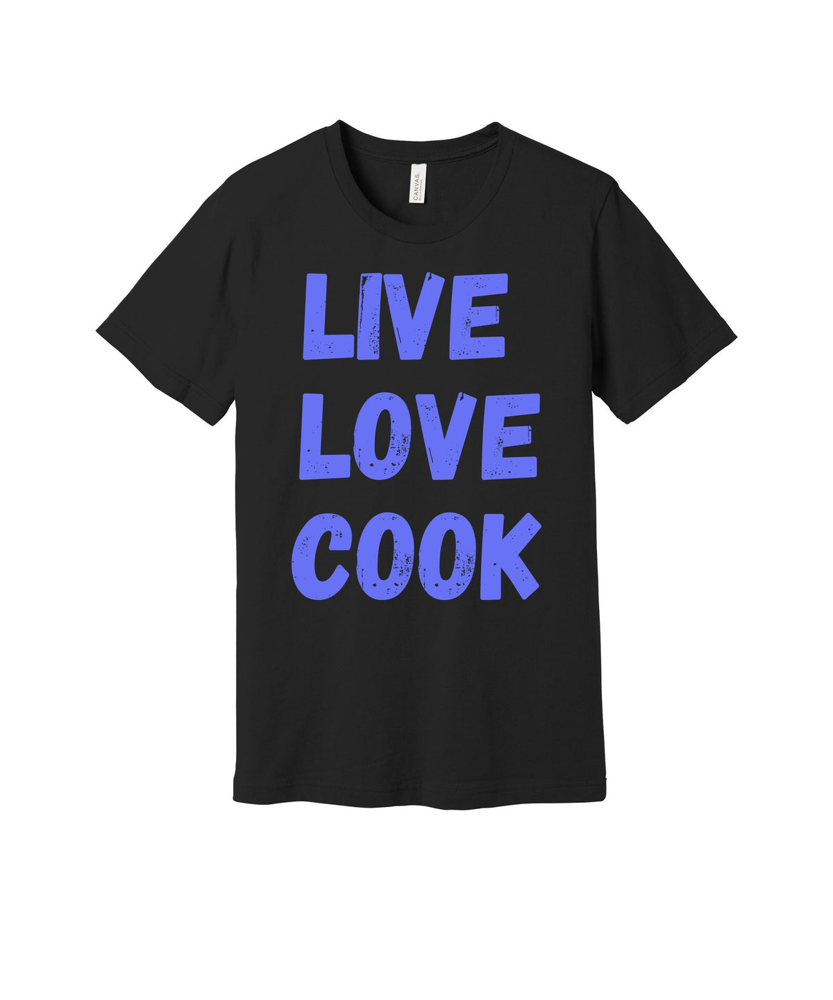 Live Love Cook graphic on a black Bella+Canvas 3001 tee