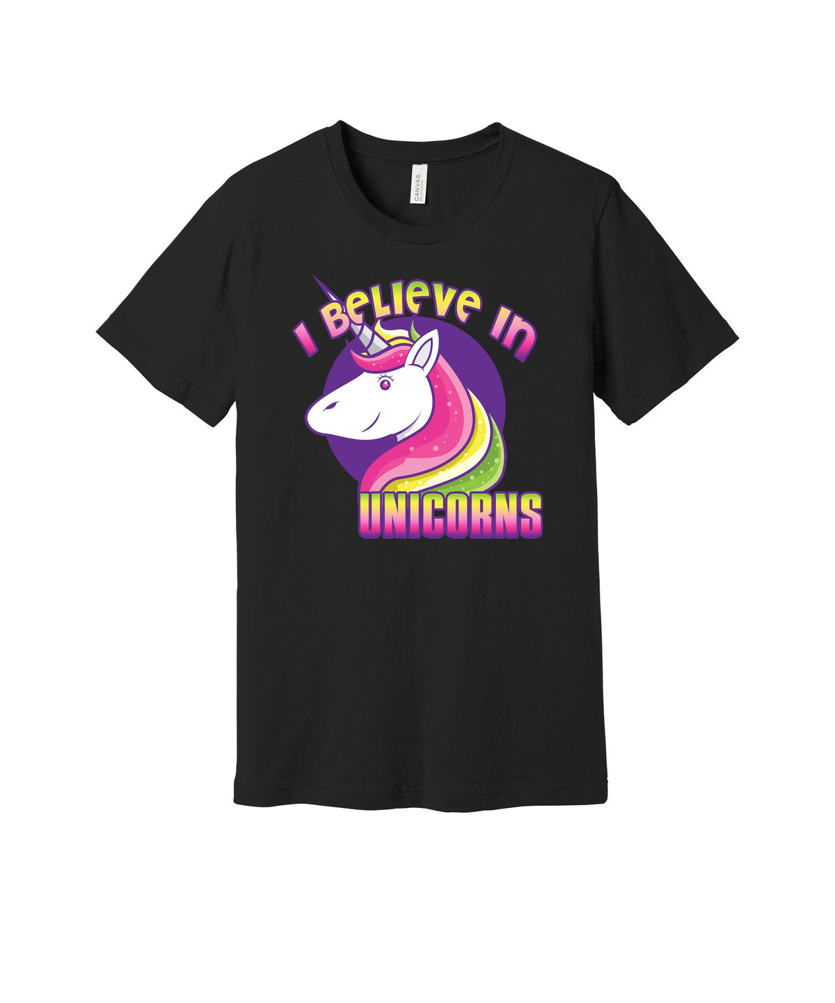 I Believe in Unicorns graphic on a black Bella+Canvas 3001 tee
