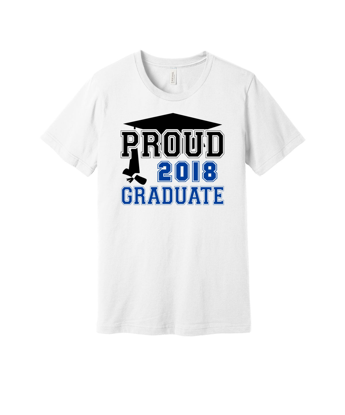 Proud 2018 Graduate graphic on a white Bella+Canvas 3001 tee