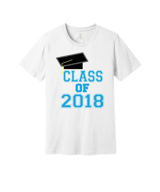 Class of 2018 graphic on a white Bella+Canvas 3001 tee