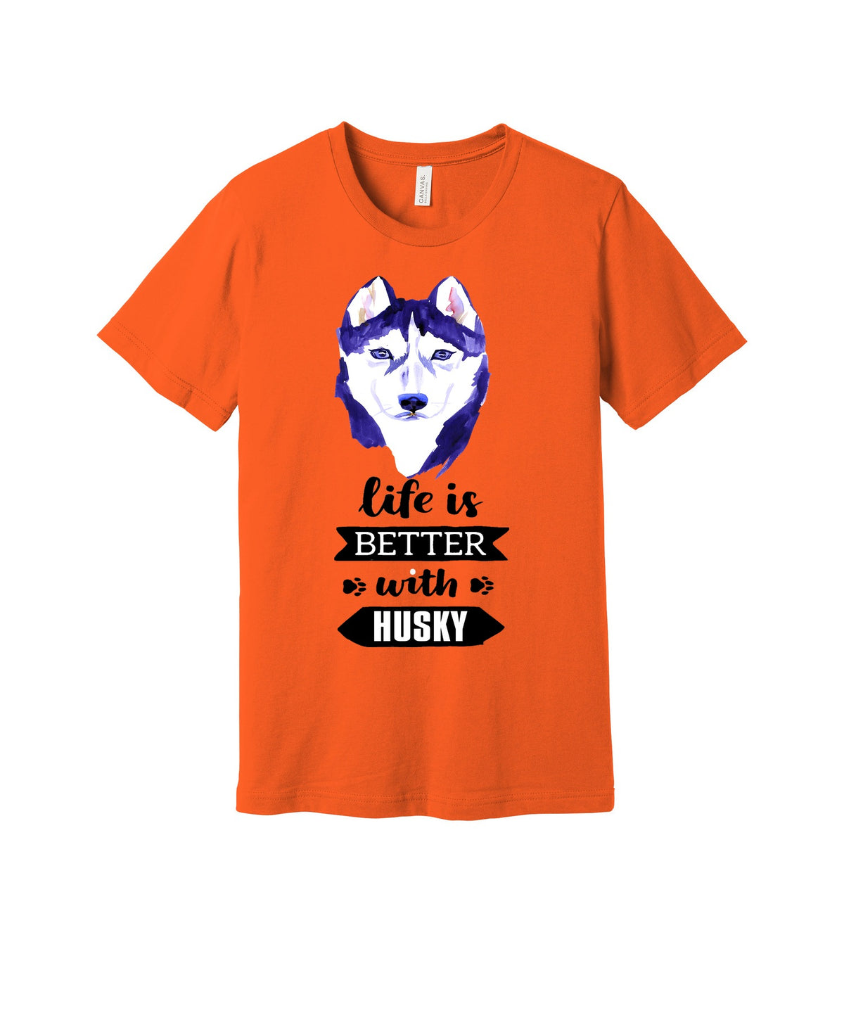 Life Is Better With a Husky graphic on a orange Bella+Canvas 3001 tee